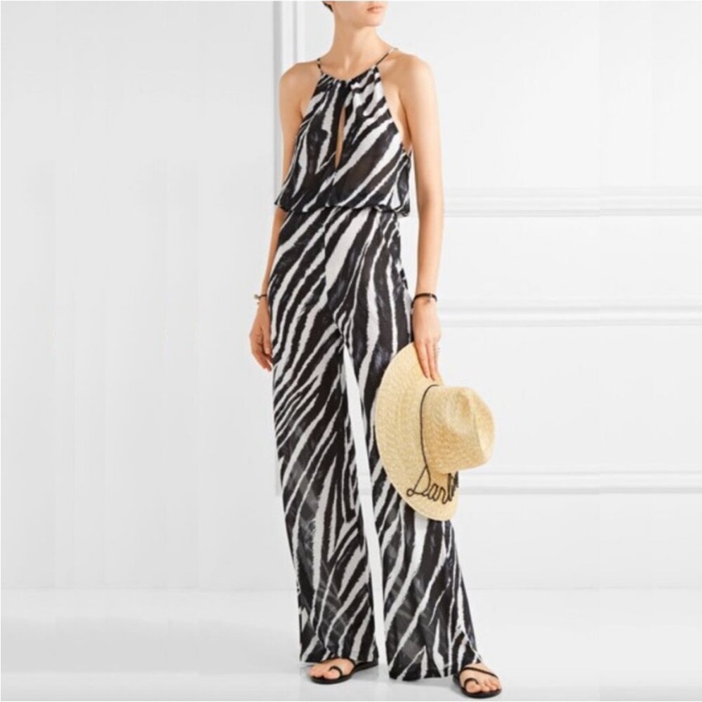 NWT L’'Agent Agent Provocateur Isabell Zebra-print Sheer Chiffon Jumpsuit, M